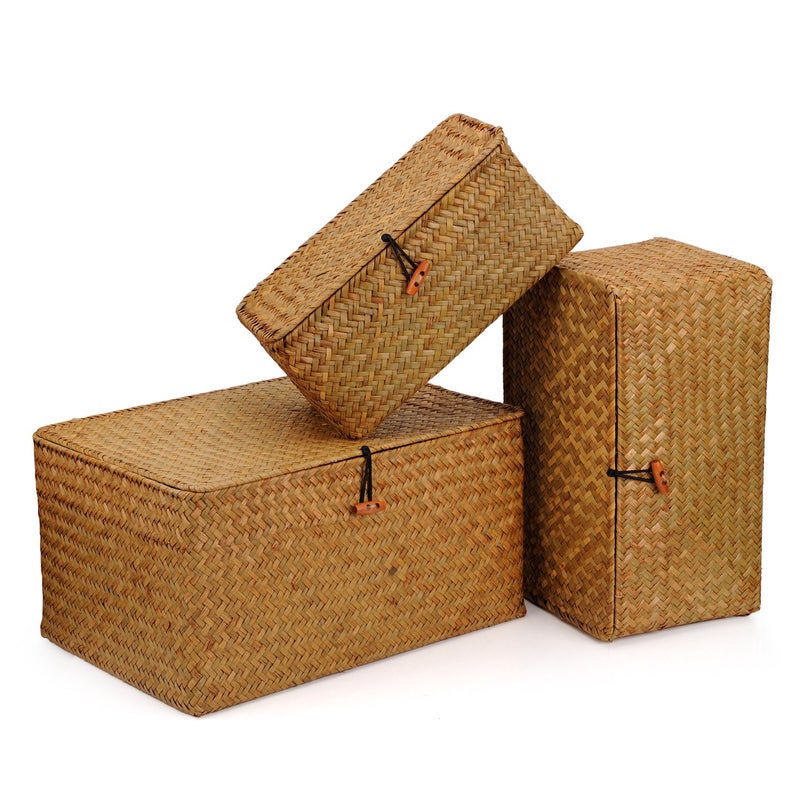DOKOT Woven Wicker Storage Bins with Lid, Seagrass Basket for Shelf Organizer, Extra Large, Set of 3 - Image 4